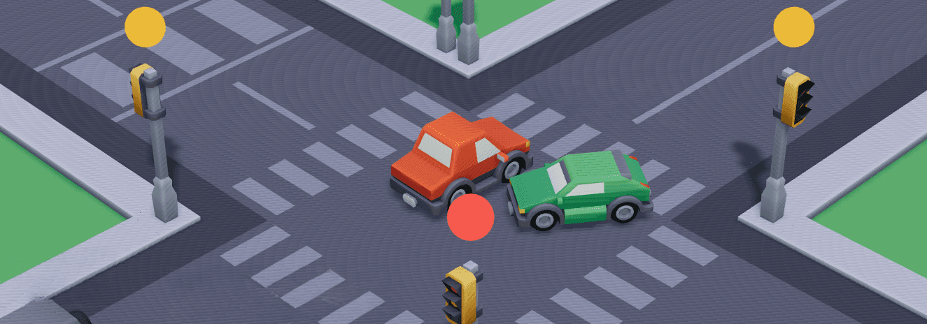 An isometric intersection, a red car and a green car locked together mid-collision