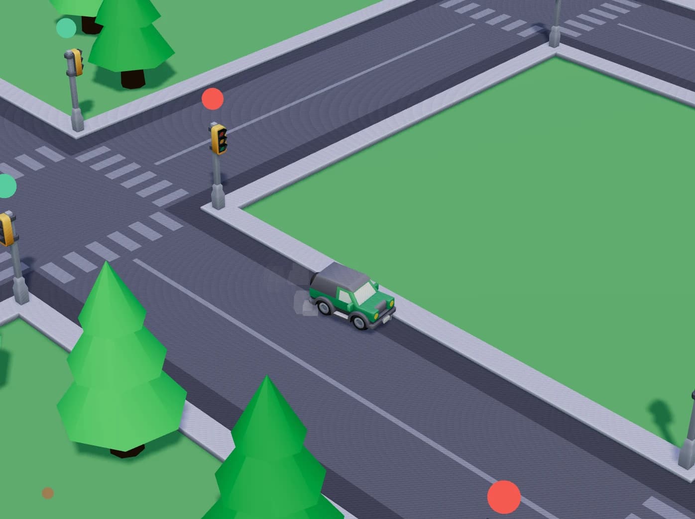 A green off-roader driving past pine trees towards a crossing