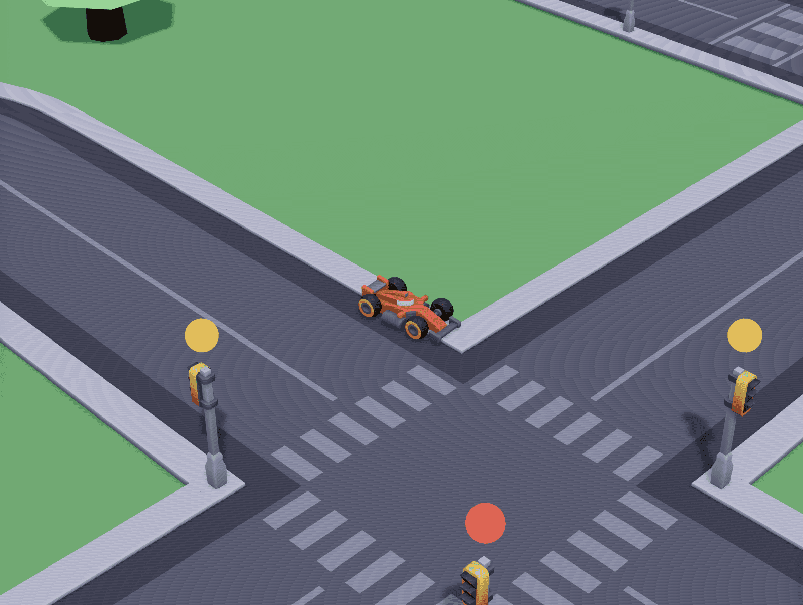 An open-wheel racer cutting the corner of an empty intersection