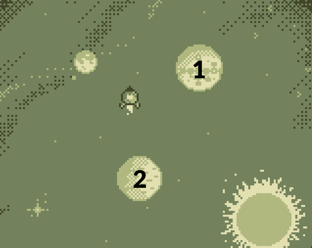 A pixelated green starfield with a small ship between two numbered planets