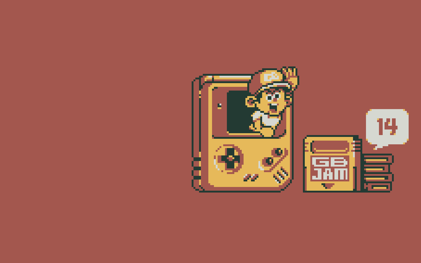 A pixel-art Game Boy with a cartoon kid climbing out of the screen, next to a GBJam cartridge and a speech bubble reading 14