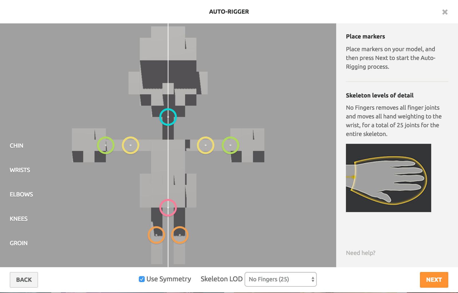 The Mixamo auto-rigging tool with anchor points placed on the model