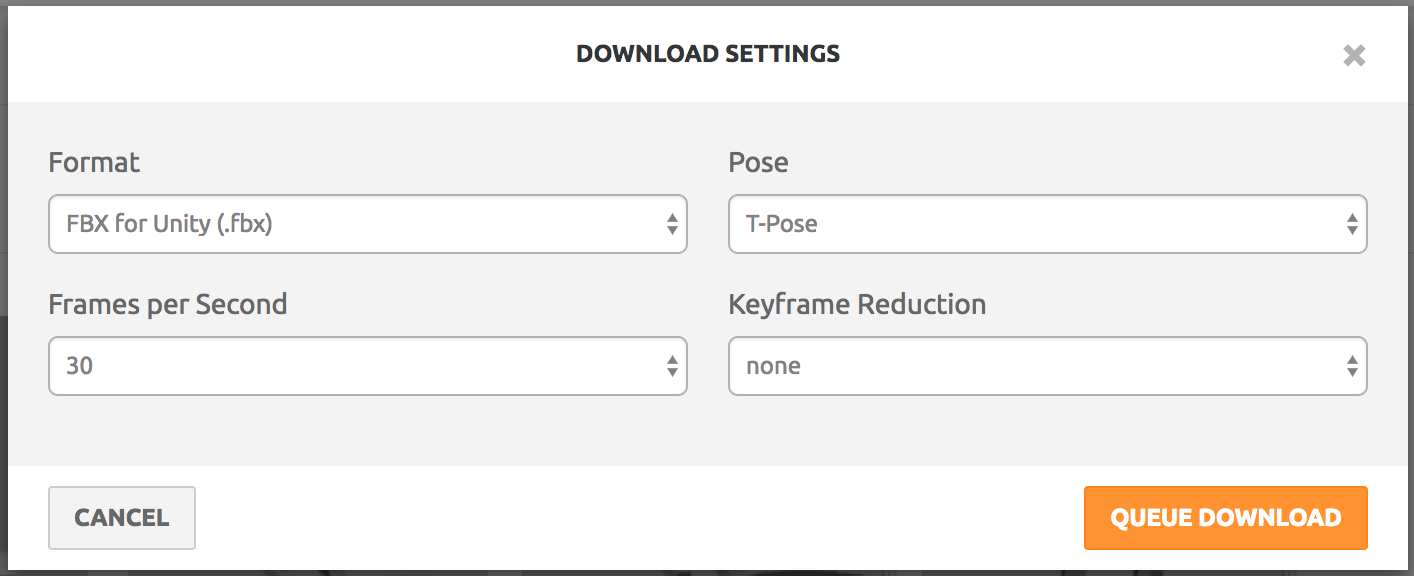 The download settings for a Unity animation pack